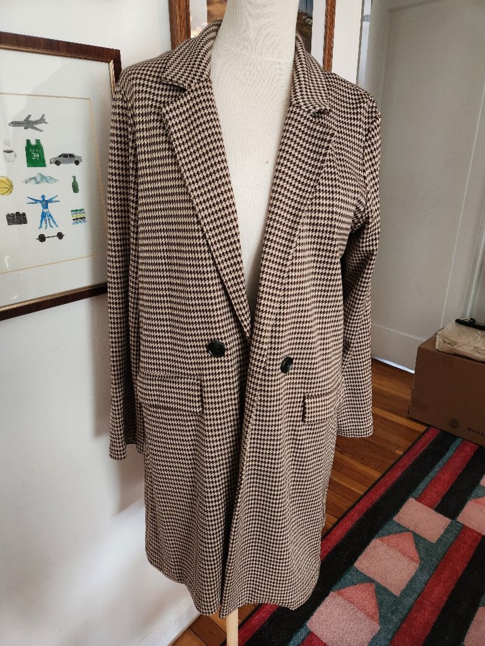 Houndstooth Brown Long Blazer Cardigan Women M